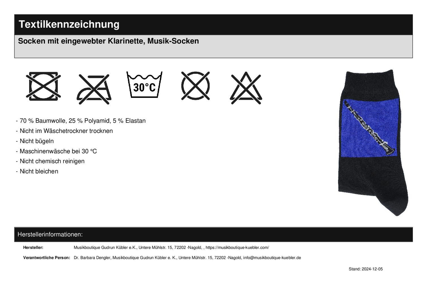Socken mit eingewebter Klarinette, Musik-Socken