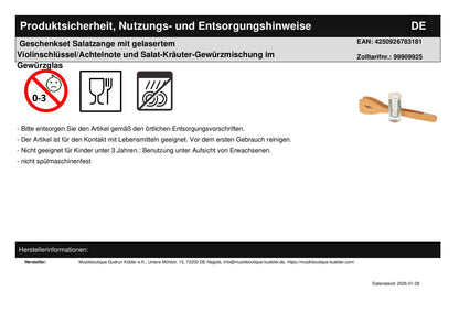Geschenkset Salatzange mit gelasertem Violinschlüssel/Achtelnote und Salat-Kräuter-Gewürzmischung im Gewürzglas