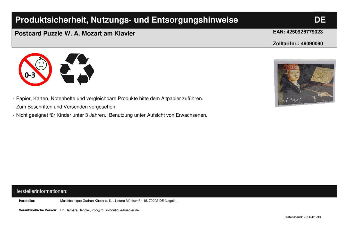 Postcard Puzzle WA Mozart at the Piano