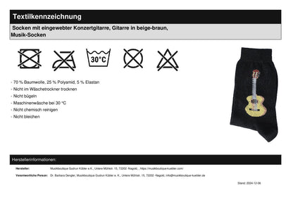 Socken mit eingewebter Konzertgitarre, Gitarre in beige-braun, Musik-Socken