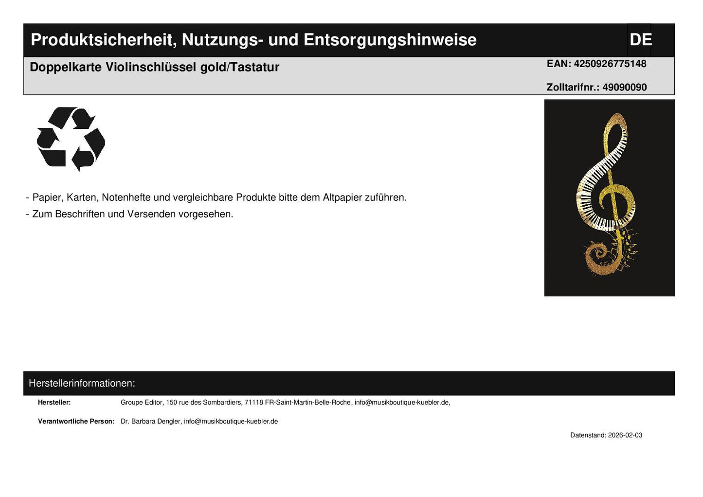 Doppelkarte Violinschlüssel gold/Tastatur