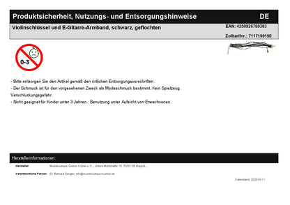 Violinschlüssel und E-Gitarre-Armband, schwarz, geflochten