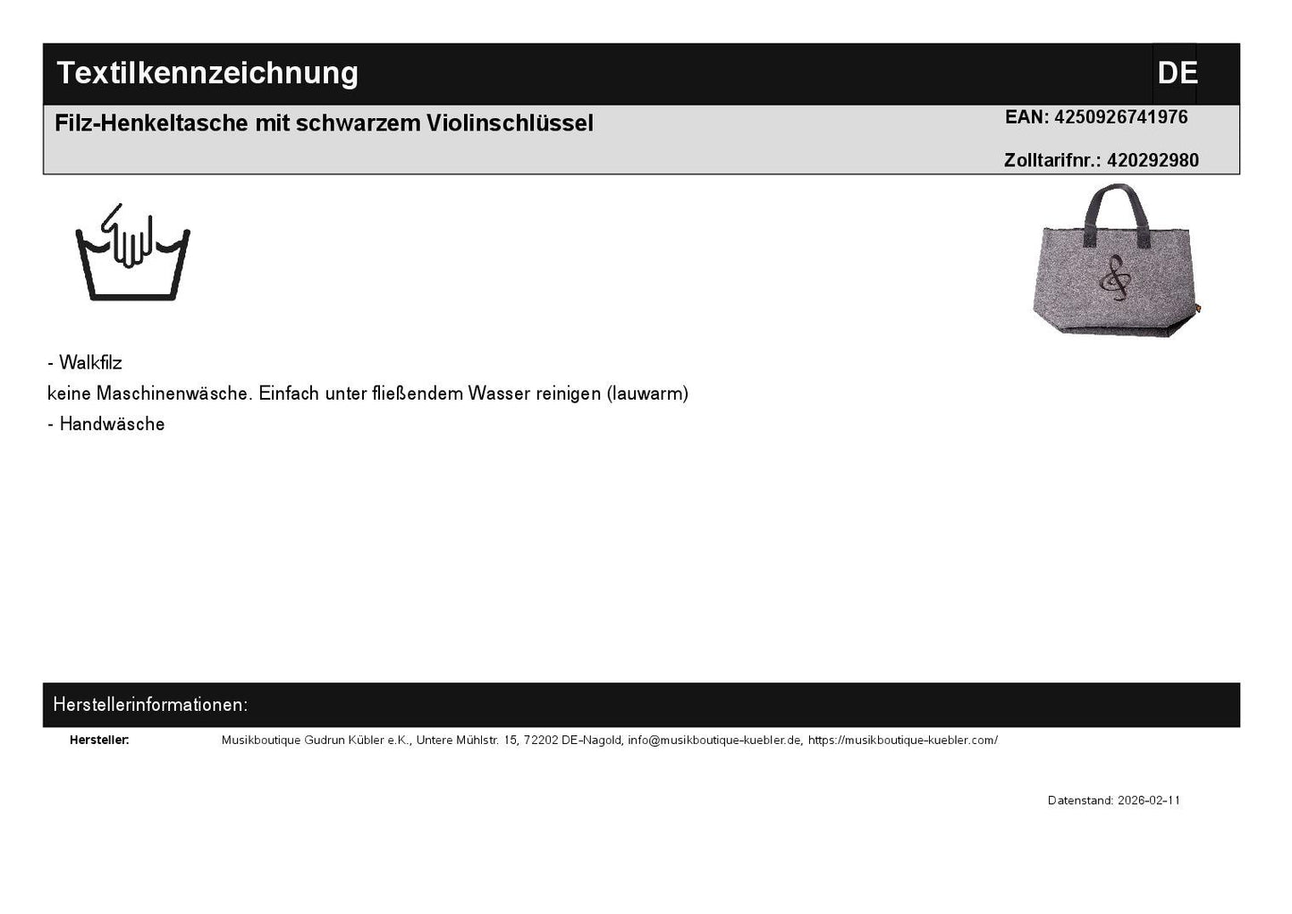 Filz-Henkeltasche mit schwarzem Violinschlüssel