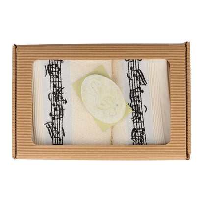 musikalisches Geschenkset mit Gästehandtuch, Waschhandschuh und Salzseife Limette im Geschenkkarton