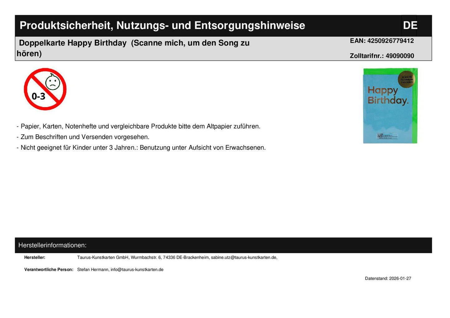 Double Card Happy Birthday (Scan me to hear the song)