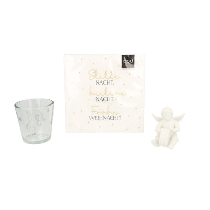 Weihnachtliches Geschenkset mit Serviette, Windlicht und Engel in Faltschachtel mit Sichtfenster - Instrument: Basstrommel