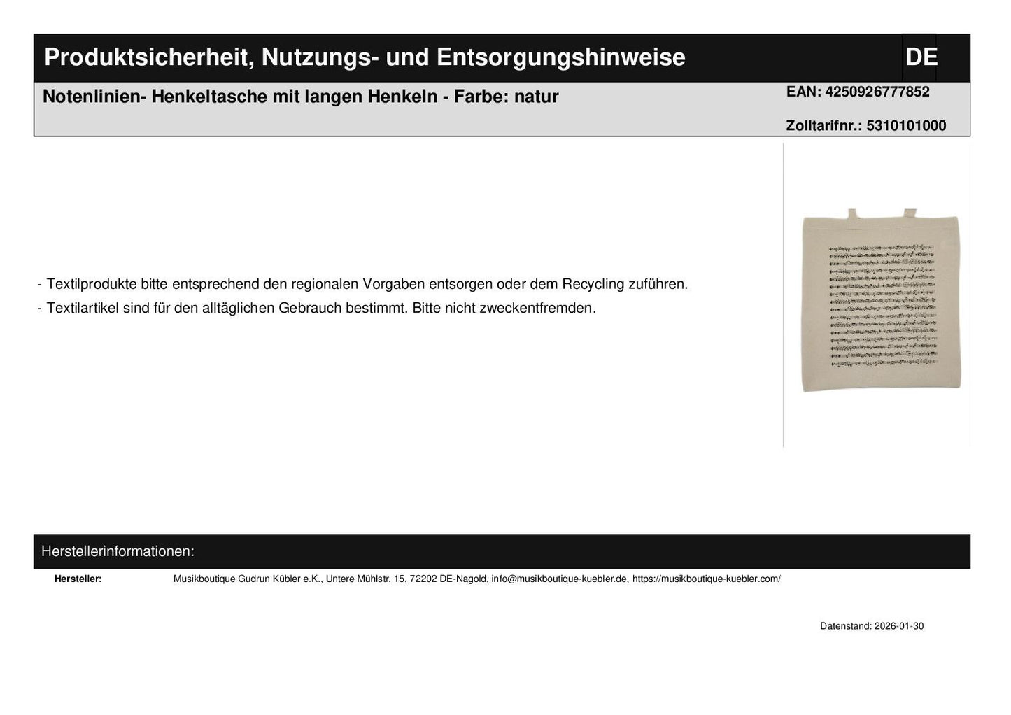 Notenlinien- Henkeltasche mit langen Henkeln - Farbe: natur