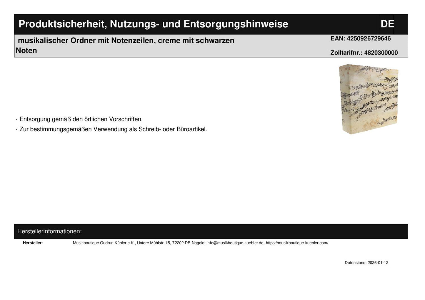 musikalischer Ordner mit Notenzeilen, creme mit schwarzen Noten