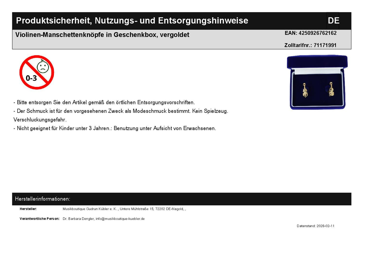 Violinen-Manschettenknöpfe in Geschenkbox, vergoldet