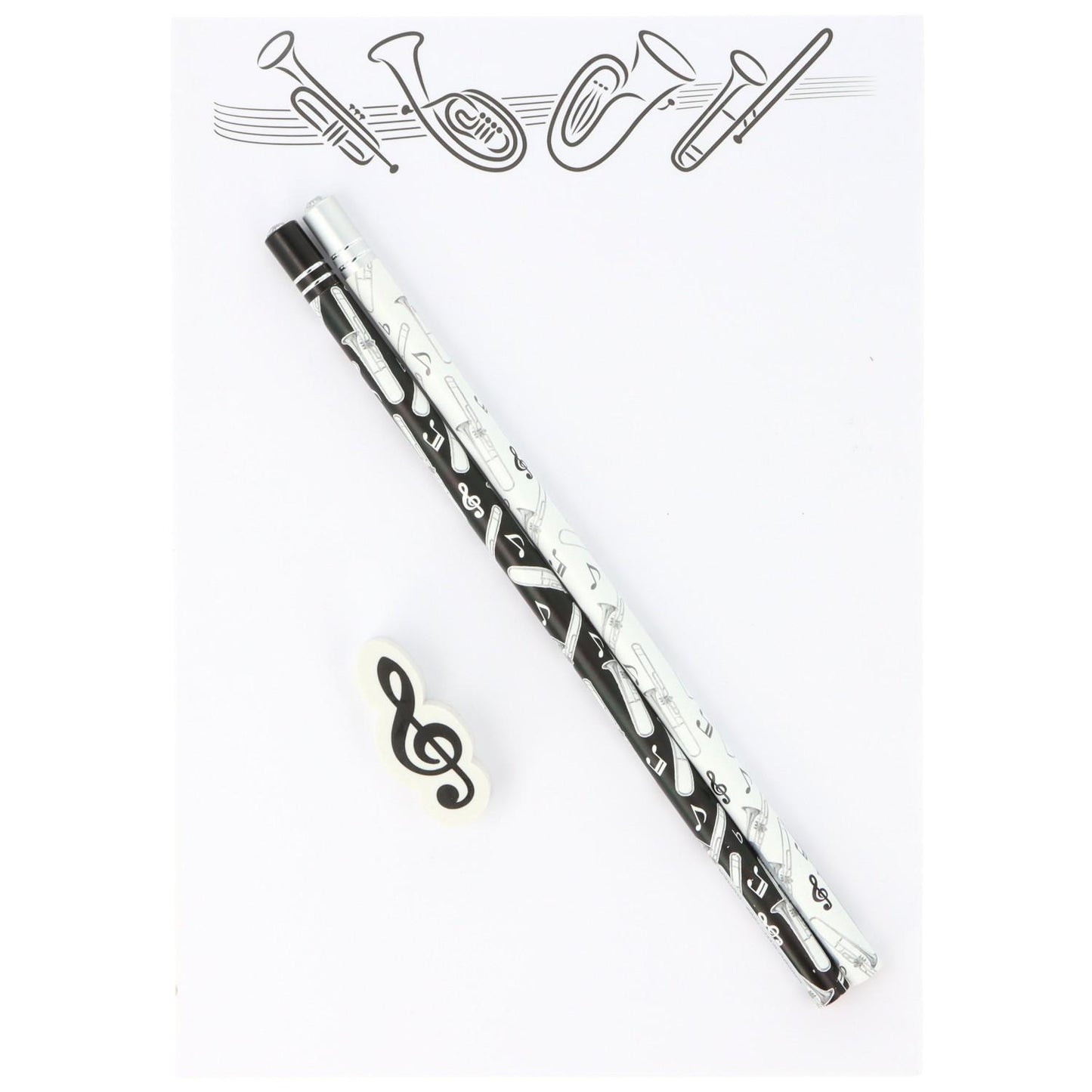 Schreibset mit Notizblock A5 "Blasinstrumente Variante 1", Bleistiften und Radiergummi