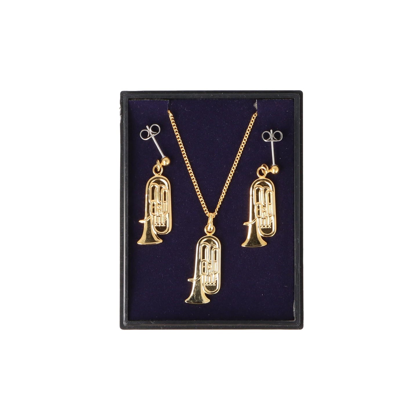 Tuba Ohrhänger und Anhänger mit Kette in Displaybox, versilbert oder vergoldet, Blasmusik