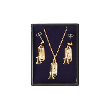 Tuba Ohrhänger und Anhänger mit Kette in Displaybox, versilbert oder vergoldet, Blasmusik