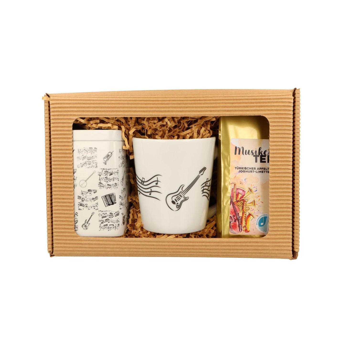 Geschenkset mit Musik-Henkelbecher, Musikertee und Teedose