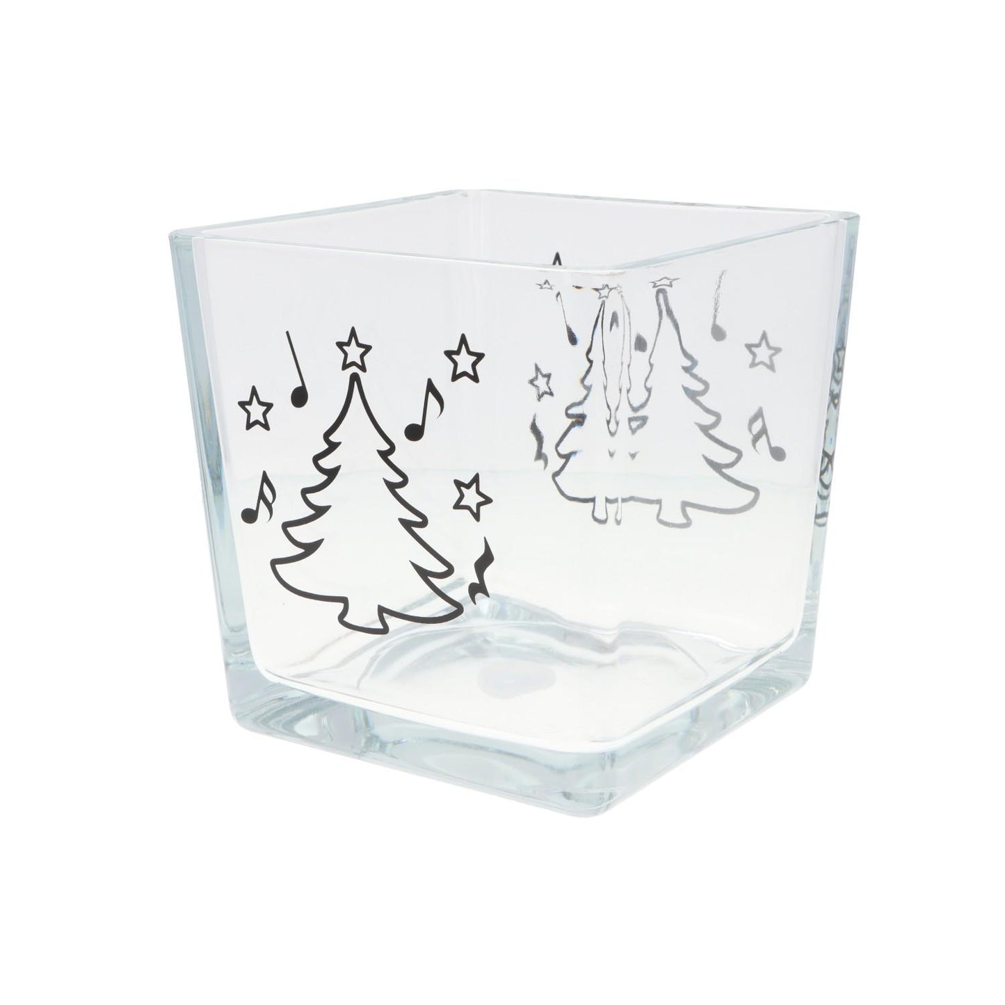 Weihnachtliche Glas-Vase mit Noten, Tannenbaum und Sternen