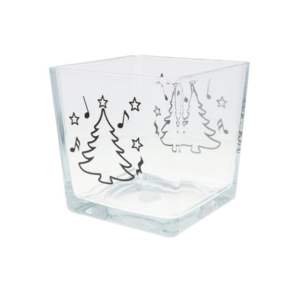 Weihnachtliche Glas-Vase mit Noten, Tannenbaum und Sternen