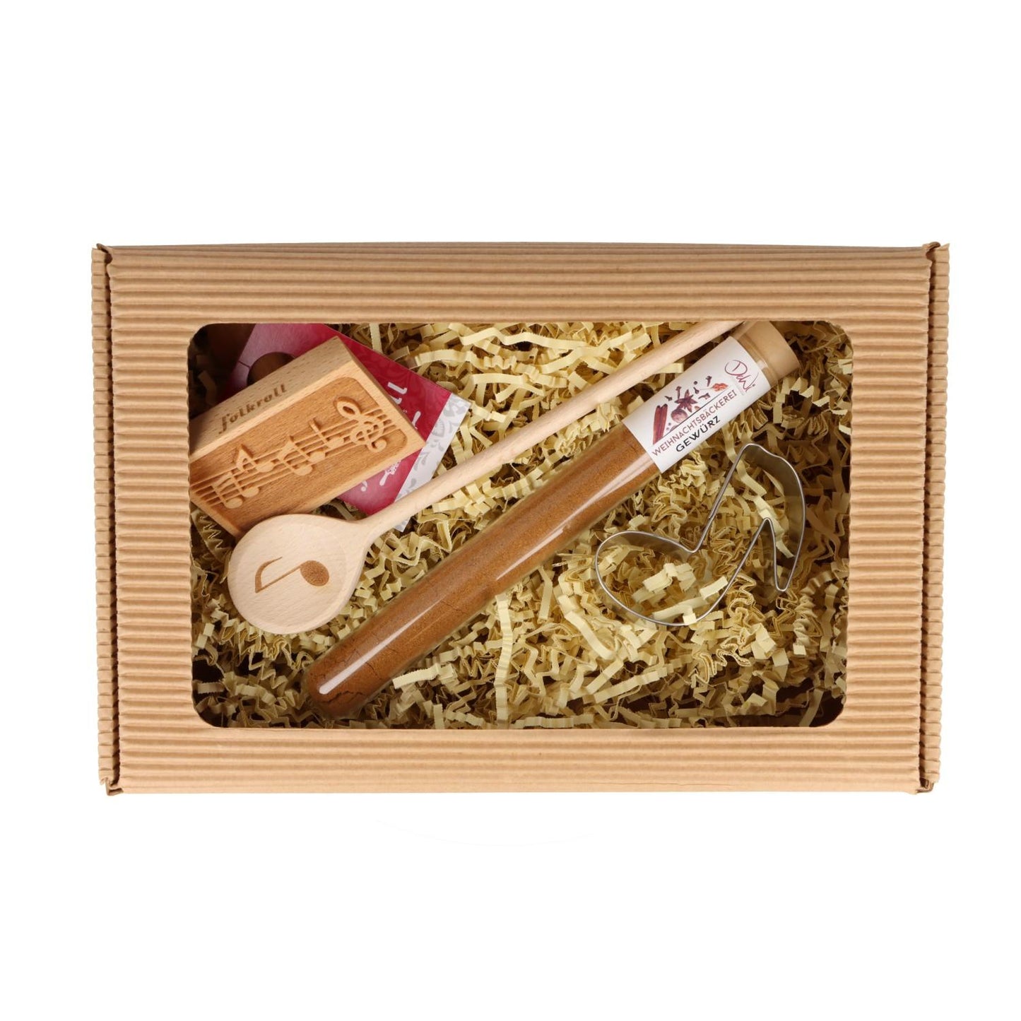 Weihnachtliches Geschenkset mit Keksstempel, Ausstecher Achtelnote, Mini-Kochlöffel und Gewürz