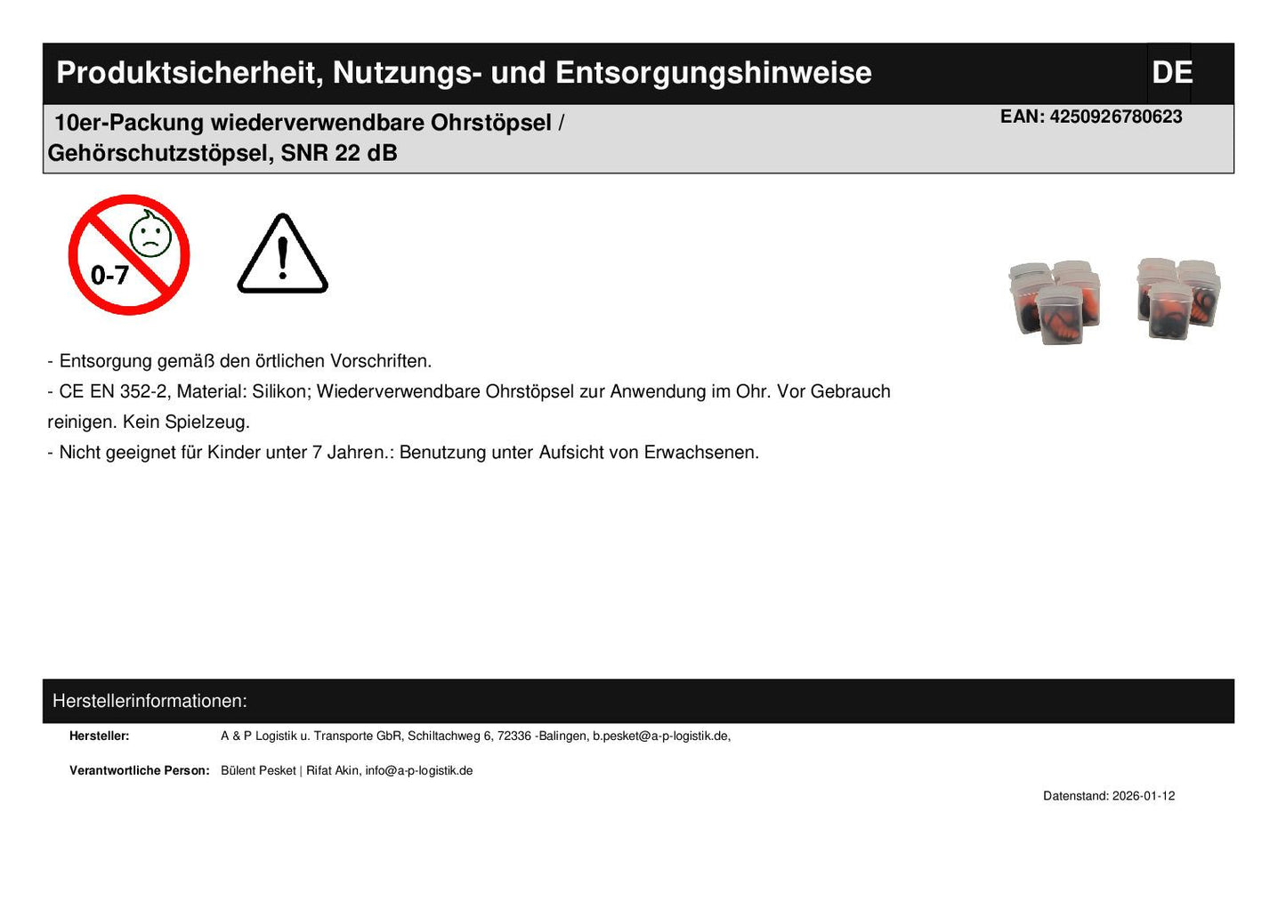 10er-Packung wiederverwendbare Ohrstöpsel / Gehörschutzstöpsel, SNR 22 dB