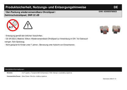 10er-Packung wiederverwendbare Ohrstöpsel / Gehörschutzstöpsel, SNR 22 dB