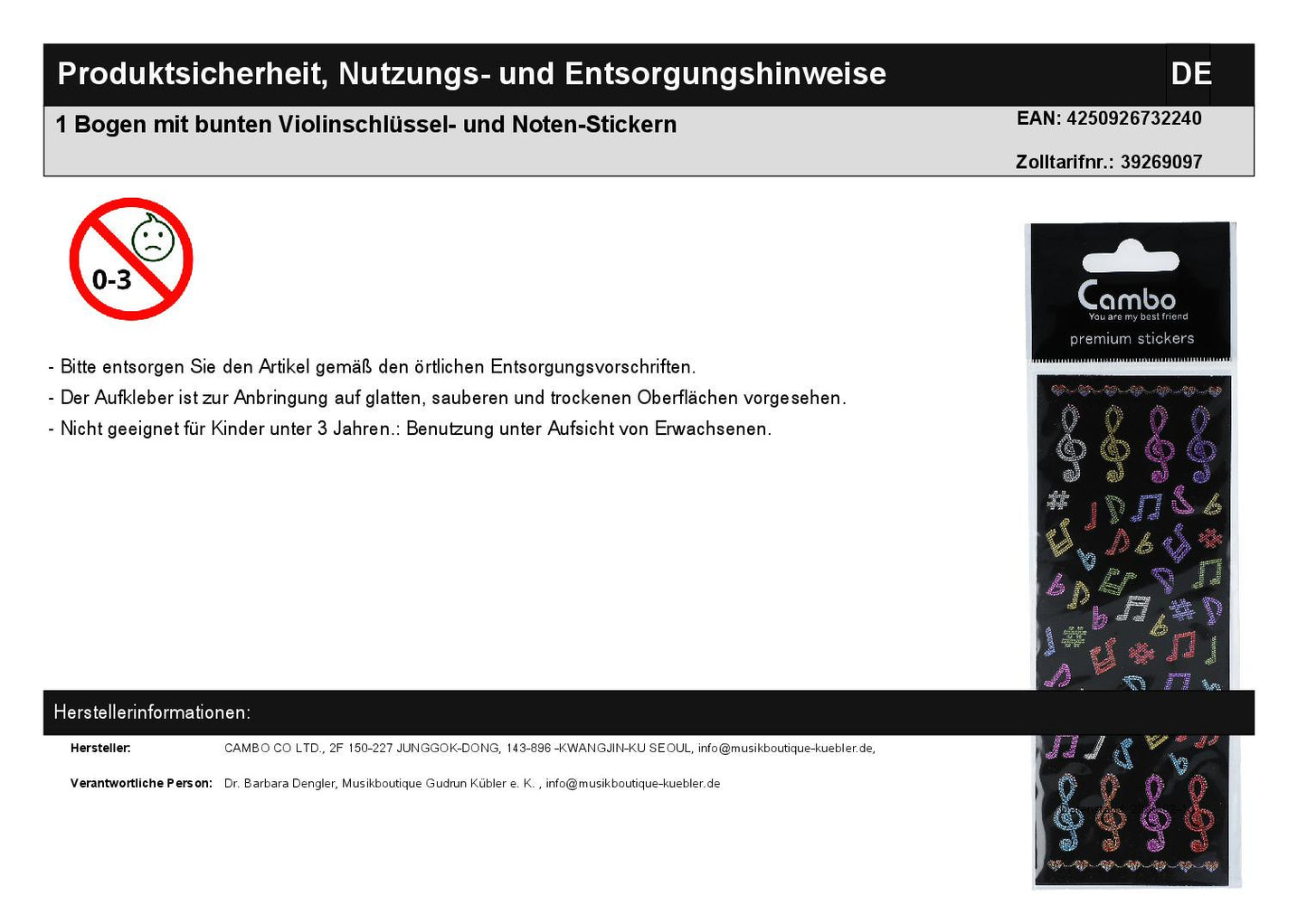 1 Bogen mit bunten Violinschlüssel- und Noten-Stickern