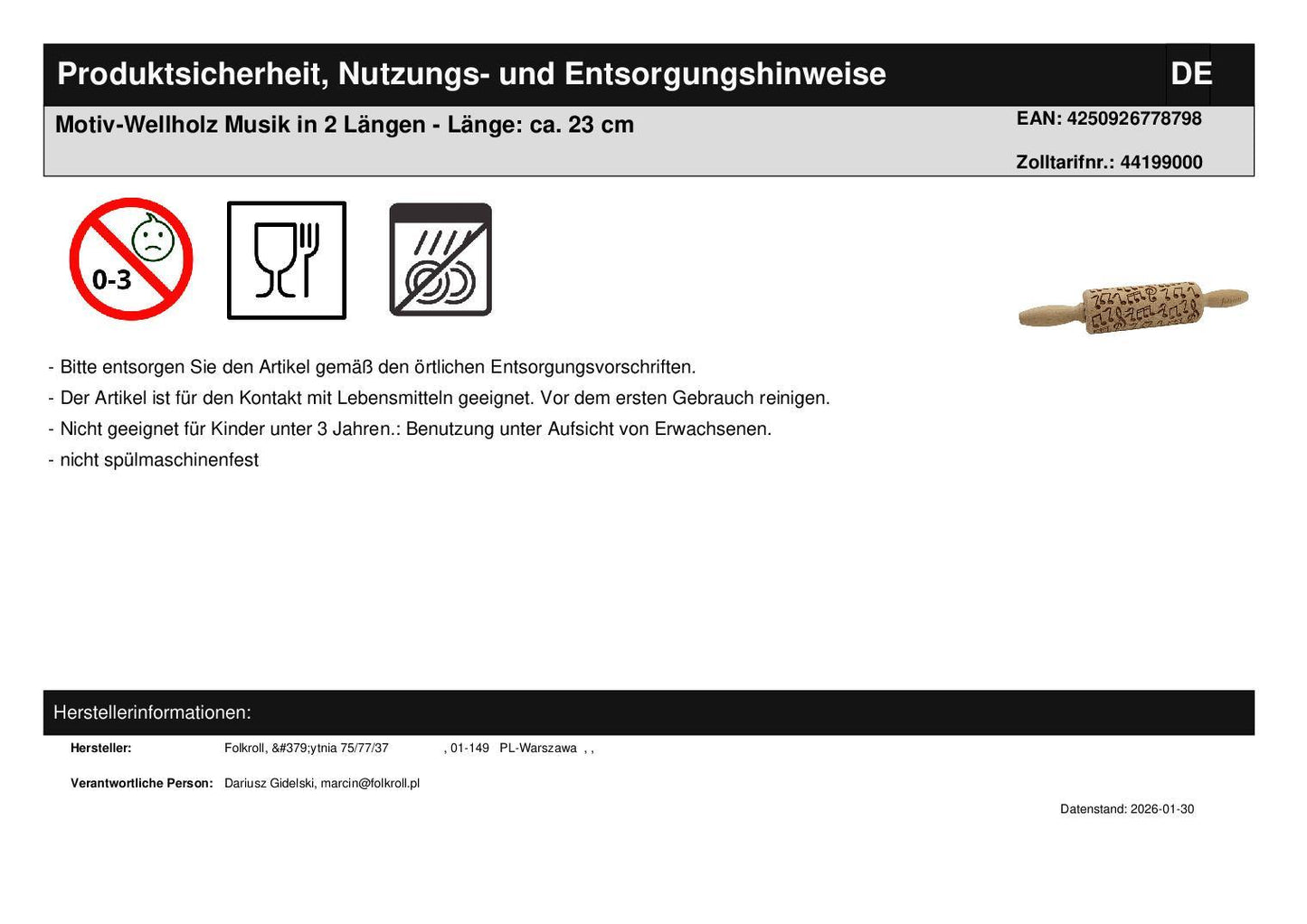 Weihnachtsbäckerei Geschenkset mit Motiv-Wellholz Musik, Ausstecher und Gewürz