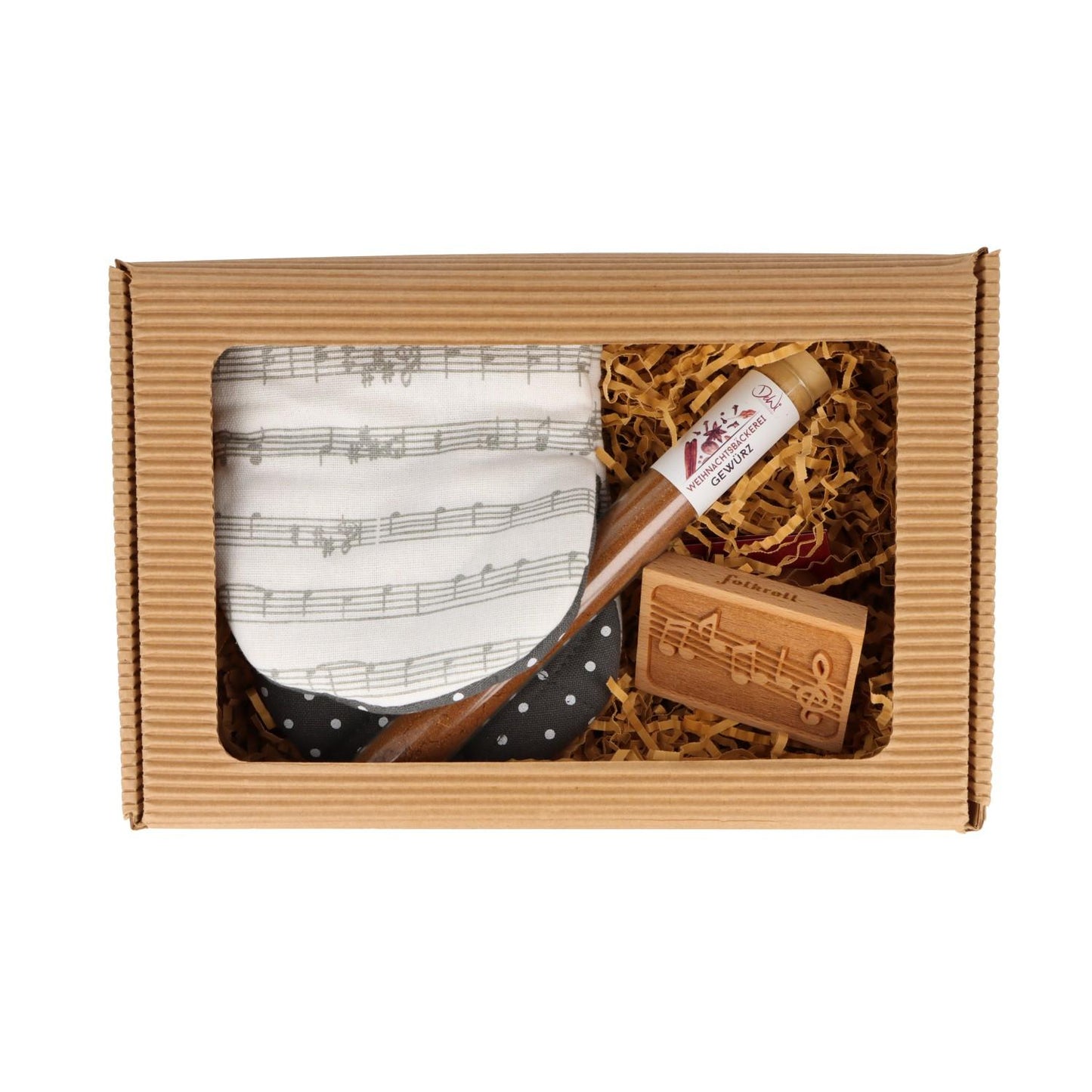 Geschenkset  Weihnachtsbäckerei mit Keksstempel, Schnappi-Handschuh und Weihnachtsgewürz in Faltschachtel mit Sichtfenster