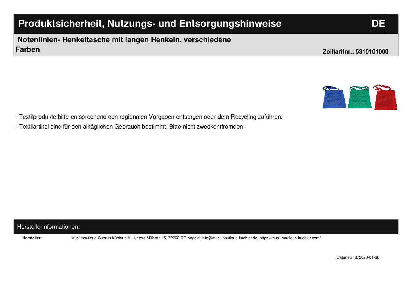 Notenlinien- Henkeltasche mit langen Henkeln, verschiedene Farben