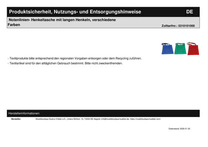 Notenlinien- Henkeltasche mit langen Henkeln, verschiedene Farben