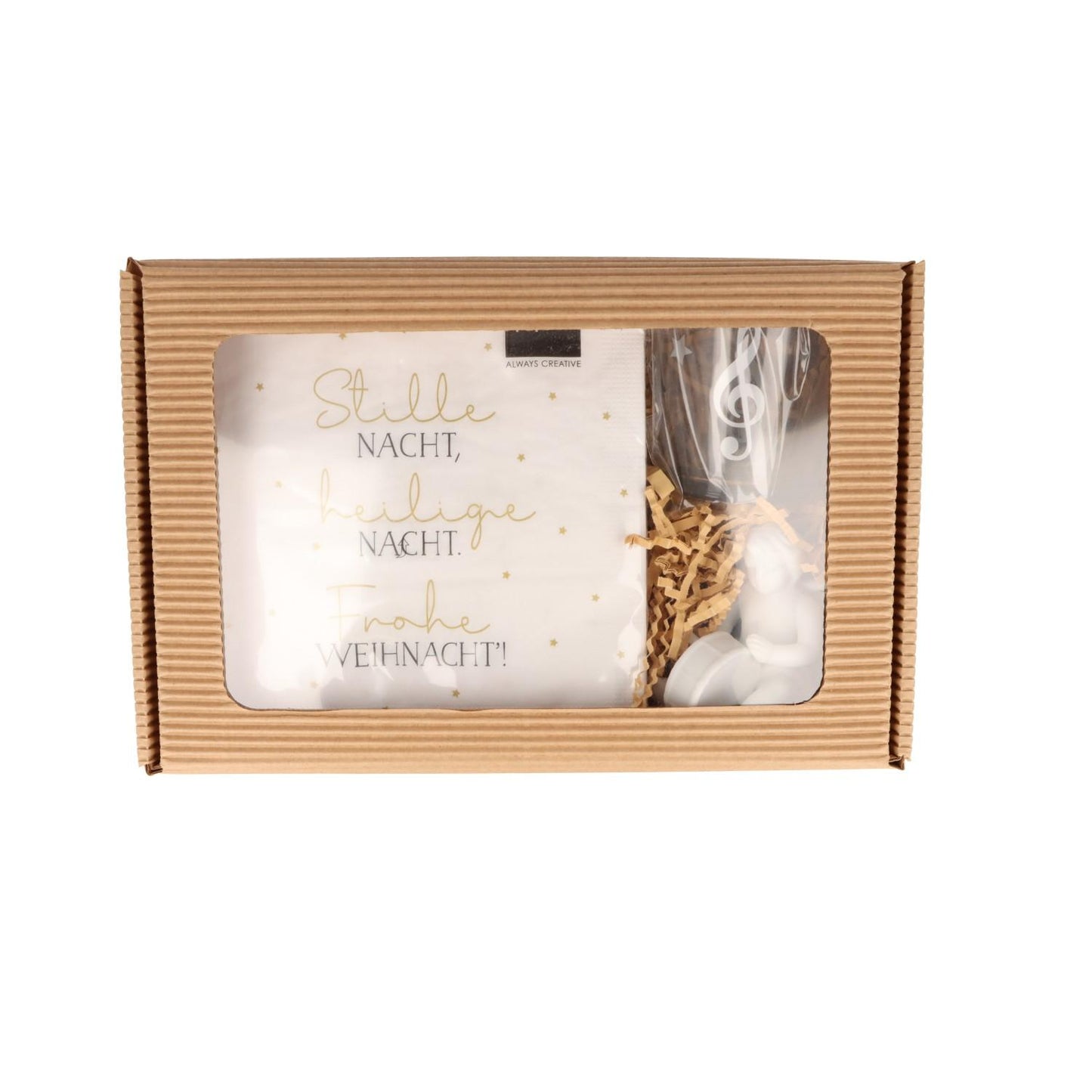 Weihnachtliches Geschenkset mit Serviette, Windlicht und Engel in Faltschachtel mit Sichtfenster - Instrument: Basstrommel