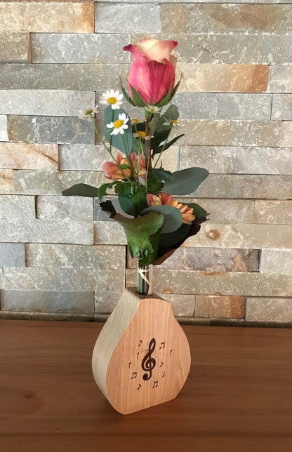 Edle Vase aus Holz inklusive Glaszylinder mit Violinschlüssel und Noten