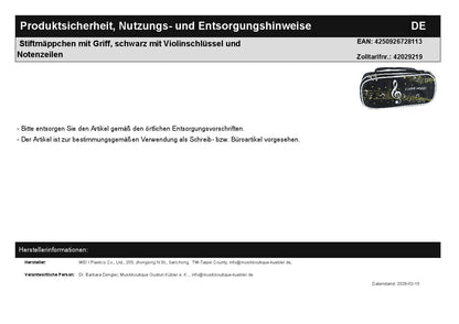 Stiftmäppchen mit Griff, schwarz mit Violinschlüssel und Notenzeilen