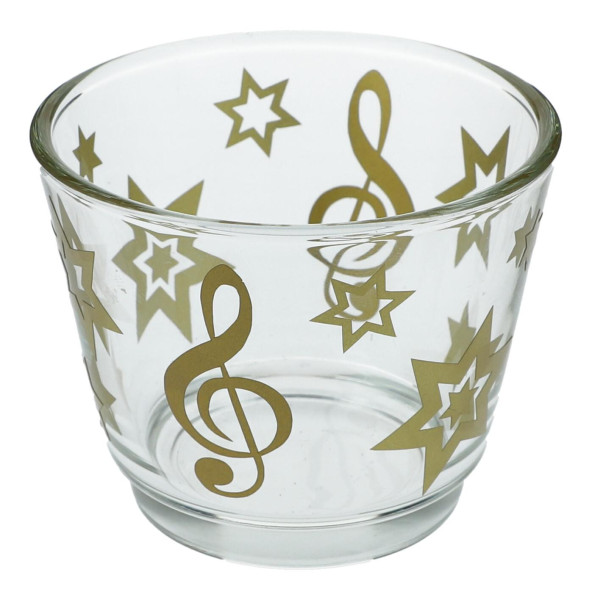 weihnachtliches Teelichtglas mit Violinschlüssel und Sternen in gold, Windlicht 