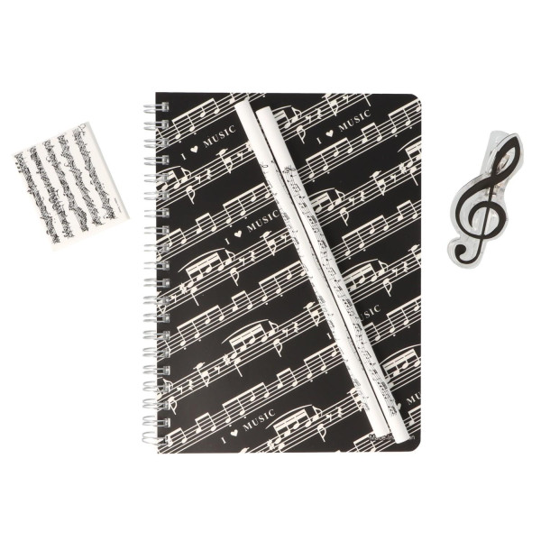 Schreibset aus Spiralblock, 2 geschwungene Notenlinien-Bleistiften, Violinschlüssel-Klammer und Notenlinien-Radiergummi
