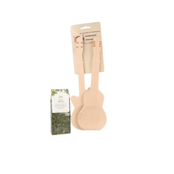 Geschenkset Gitarren-Salatbesteck aus Buchenholz und Salat Kräuter - Gewürzmischung