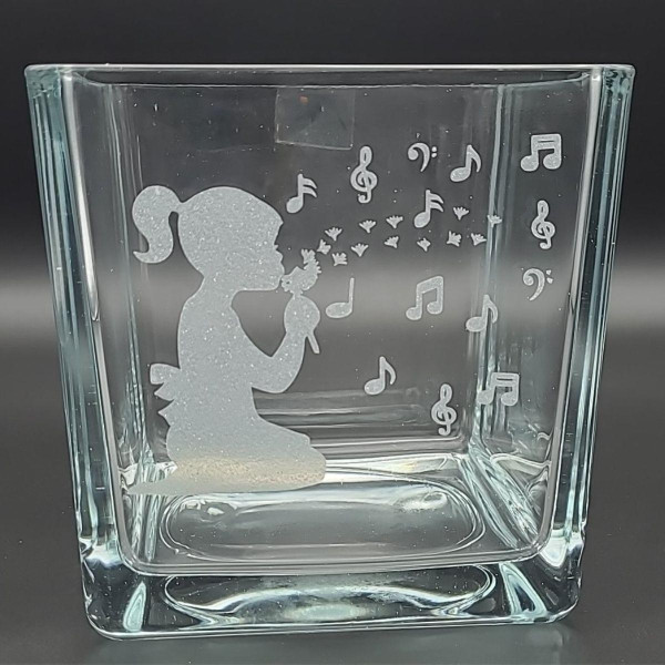 Glas-Vase quadratisch mit Mädchen und Noten aus Glasdekorfolie Frosted Glass einseitig