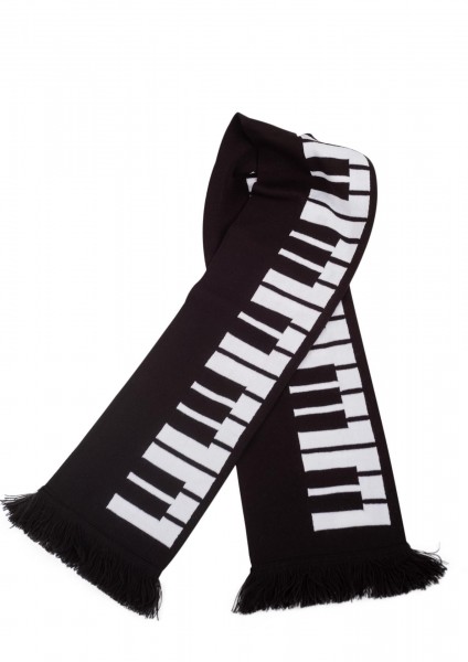 schwarzer, gestrickter Schal mit eingewebter Tastatur, Keyboard, Fransen