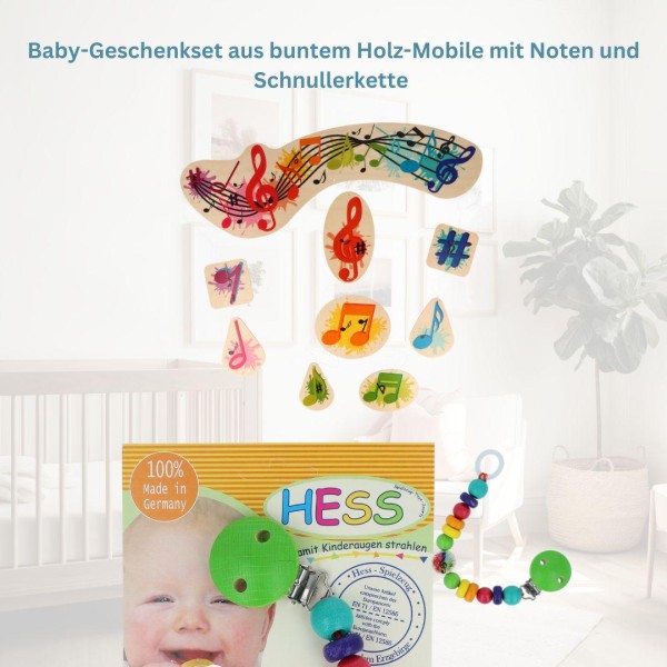 Baby-Geschenkset aus buntem Holz-Mobile mit Noten und Schnullerkette