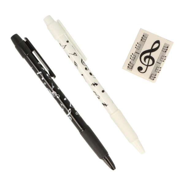 Schreibset Notenmix mit Druck-Bleistift (schwarz), Kugelschreiber (weiß) und Radiergummi
