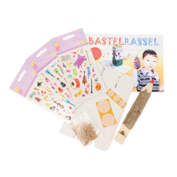 musikalisches Kinder-Bastel-Set mit Bastel-Rassel, Pfeifen-Wachsmalstift und Stickern